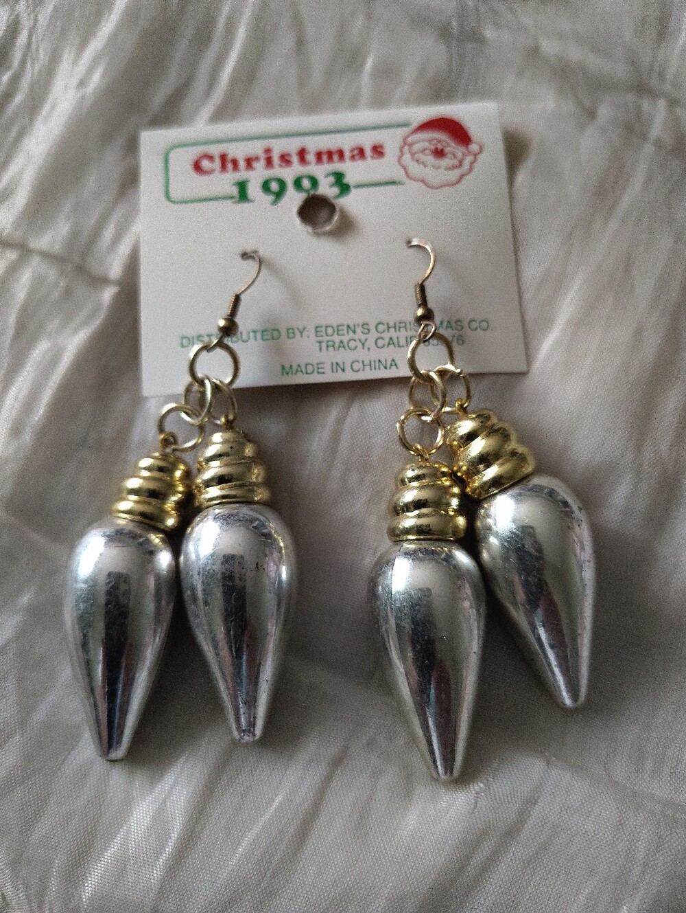 Vintage 1993 Christmas Light Bulb Dangle Earrings Silver Gold Retro Dead Stock